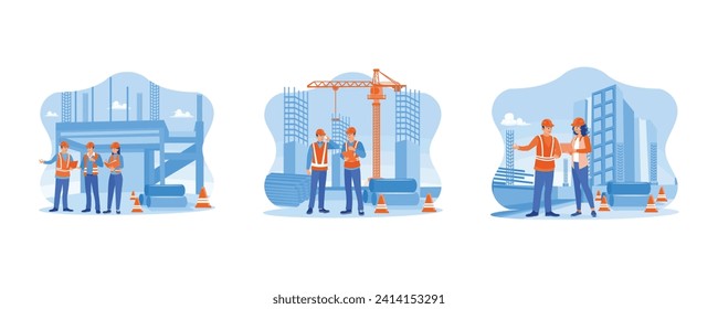 Building construction sites concept. Construction managers and engineers working on a building site. Structural engineer and architect wearing orange work vests discussing at the construction site. 