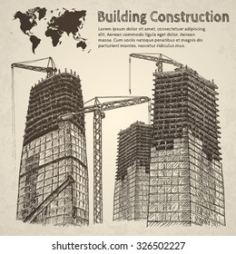 Building construction sketch. Hand drawn vector illustration.