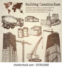 Building construction sketch. Hand drawn vector illustration.