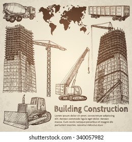 Building construction sketch. Hand drawn vector illustration.