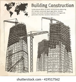 Building construction sketch. Hand drawn vector illustration.