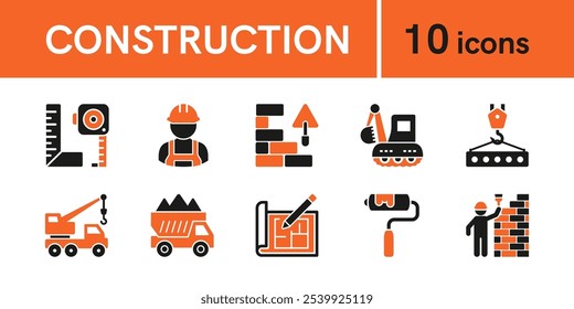 Building and construction solid icon set in flat style. Measurement, excavation, worker, engineering, vechicles vector illustration. Perfect for web and app interfaces, infographics, presentations