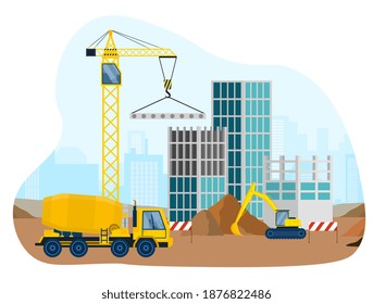 Building construction with special vehicles and equipment. Work in process on construction site with special equipment and transport a crane and a concrete mixer. Flat cartoon vector illustration