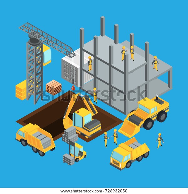 Building construction stage. Isometric transport\
for construct. Vector illustrations set. Construction stage\
building with crane
