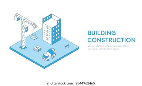 Building construction stroke illustration. Outline isometric concept. Construction site vector.