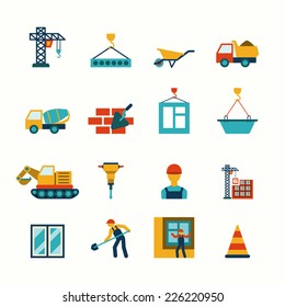 Building construction structure elements flat pictograms collection with barrow block elevating crane truck abstract isolated vector illustration