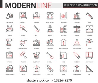 Building construction thin red black line icons vector illustration set, outline constructing website symbols collection with builders tools and crane equipment, city architecture development
