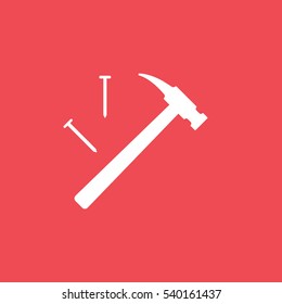 Building Construction Tool Hammer And Nails Flat Icon On Red Background