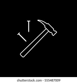 Building Construction Tool Hammer And Nails Line Icon On Black Background