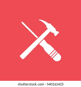 Building Construction Tool Hammer And Screwdriver Cross Flat Icon On Red Background