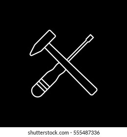 Building Construction Tool Hammer And Screwdriver Cross Line Icon On Black Background