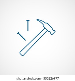 Building Construction Tool Hammer And Screws Blue Line Icon On White Background