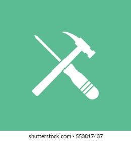 Building Construction Tool Screwdriver And Hammer Cross Flat Icon On Green Background