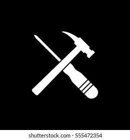 Building Construction Tool Screwdriver And Hammer Cross Flat Icon On Black Background