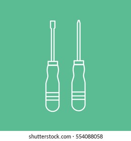 Building Construction Tool Screwdriver Line Icon On Green Background