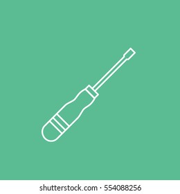 Building Construction Tool Screwdriver Line Icon On Green Background