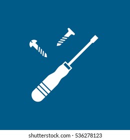 Building Construction Tool Screwdriver And Screw Flat Icon On Blue Background