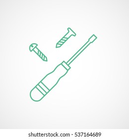 Building Construction Tool Screwdriver And Screws Green Line Icon On White Background