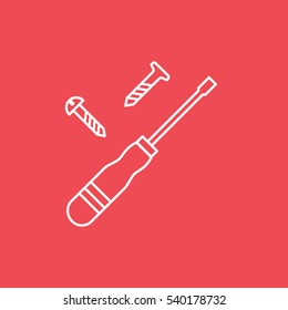 Building Construction Tool Screwdriver And Screws Line Icon On Red Background
