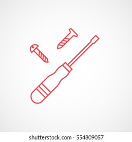 Building Construction Tool Screwdriver And Screws Red Line Icon On White Background