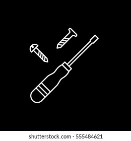Building Construction Tool Screwdriver And Screws Line Icon On Black Background