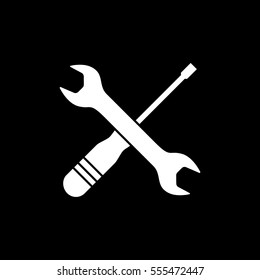 Building Construction Tool Screwdriver And Wrench Cross Flat Icon On Black Background
