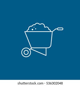 Building Construction Tool Wheelbarrow Line Icon On Blue Background