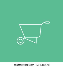 Building Construction Tool Wheelbarrow Line Icon On Green Background