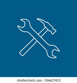 Building Construction Tool Wrench And Hammer Cross Line Icon On Blue Background