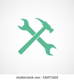 Building Construction Tool Wrench And Hammer Cross Green Flat Icon On White Background