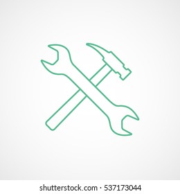 Building Construction Tool Wrench And Hammer Cross Green Line Icon On White Background