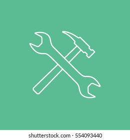 Building Construction Tool Wrench And Hammer Cross Line Icon On Green Background