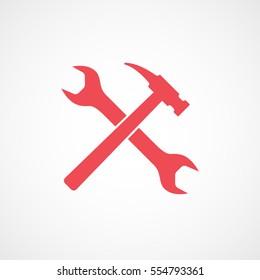 Building Construction Tool Wrench And Hammer Cross Red Flat Icon On White Background