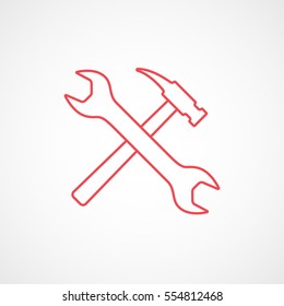 Building Construction Tool Wrench And Hammer Cross Red Line Icon On White Background