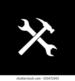 Building Construction Tool Wrench And Hammer Cross Flat Icon On Black Background