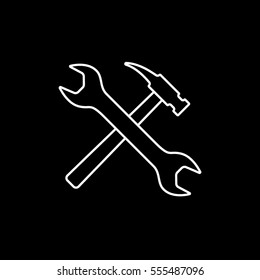 Building Construction Tool Wrench And Hammer Cross Line Icon On Black Background