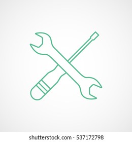 Building Construction Tool Wrench And Screwdriver Cross Green Line Icon On White Background