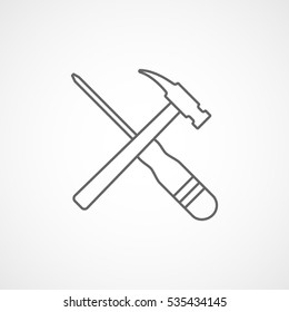 Building Construction Tools Screwdriver And Hammer Cross Line Icon On White Background