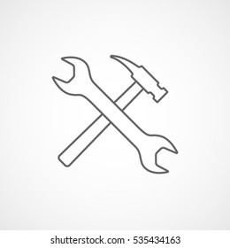 Building Construction Tools Wrench And Hammer Cross Line Icon On White Background