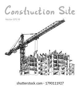 Building Construction and Tower Cranes. City. Vector draw