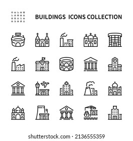 Building and construction vector linear icons set. Contains such Icons as church, airport, palace, museum and more. Isolated collection of buildings and structures icons on white background.