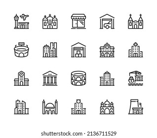 Conjunto de iconos lineales vectoriales de construcción y construcción. Contiene íconos como la iglesia, el aeropuerto, el hospital, el museo y más. Colección aislada de iconos de edificios y estructuras sobre fondo blanco.