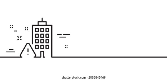Icono de la línea de advertencia de construcción de edificios. Señal del triángulo de atención. Símbolo de casa de precaución. Fondo mínimo de la ilustración de línea. Banner de patrón de icono de línea de advertencia de generación. Vector