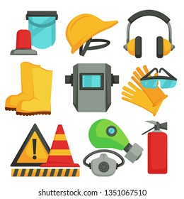 Building or construction and welding protective equipment safety items gas mask vector alarm and hardhat or helmet headphones and rubber boots goggles and gloves precaution signs fire distinguisher
