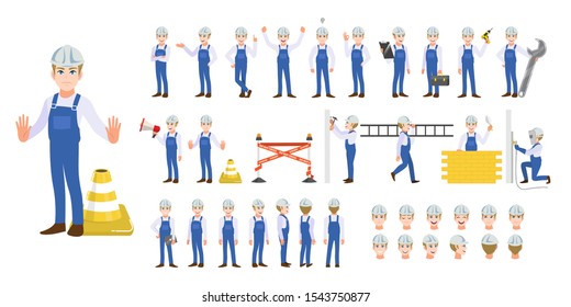 Building construction worker, engineer , technician and mechanics cartoon character set and animation. Front, side, back, 3-4 view character. Flat vector illustration