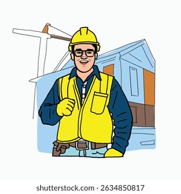 Building Construction worker. Construction site with architects and builders. Cartoon Style Illustration