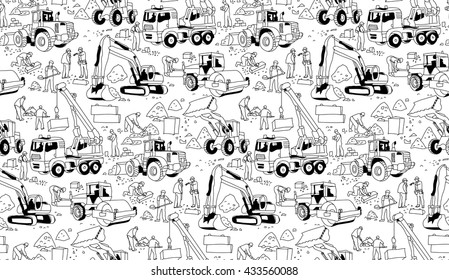 Building construction workers landscape black seamless pattern. Monochrome vector illustration. EPS8