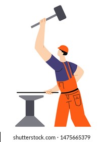 Bau- oder Bauarbeiten, Schmiedekunst, Mann und Böse mit Spitzen-Vektorgrafik. Schmiedearbeiter in Harthut, Werkzeugen oder Ausrüstung, arbeiten mit Metallteilen. Handwerker oder Handwerker, Schmieden aus Eisen oder Stahl
