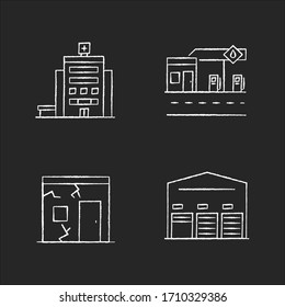 Building constructions chalk white icons set on black background. City hospital entrance. Gas station front view. Ruined slum. Self storage unit. Isolated vector chalkboard illustrations