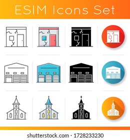 Building constructions icons set. Slump with crack. Poor accomodation. Unit storage facade. Church exterior. Religious place. Linear, black and RGB color styles. Isolated vector illustrations